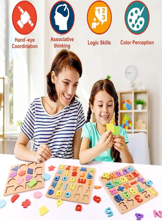 SHRBI 3 Pack Wooden Alphabet Number Shape ABC Name Puzzles Toys with Montessori Preschool Educational Gift Learning Letter Puzzles Toys - Image 4